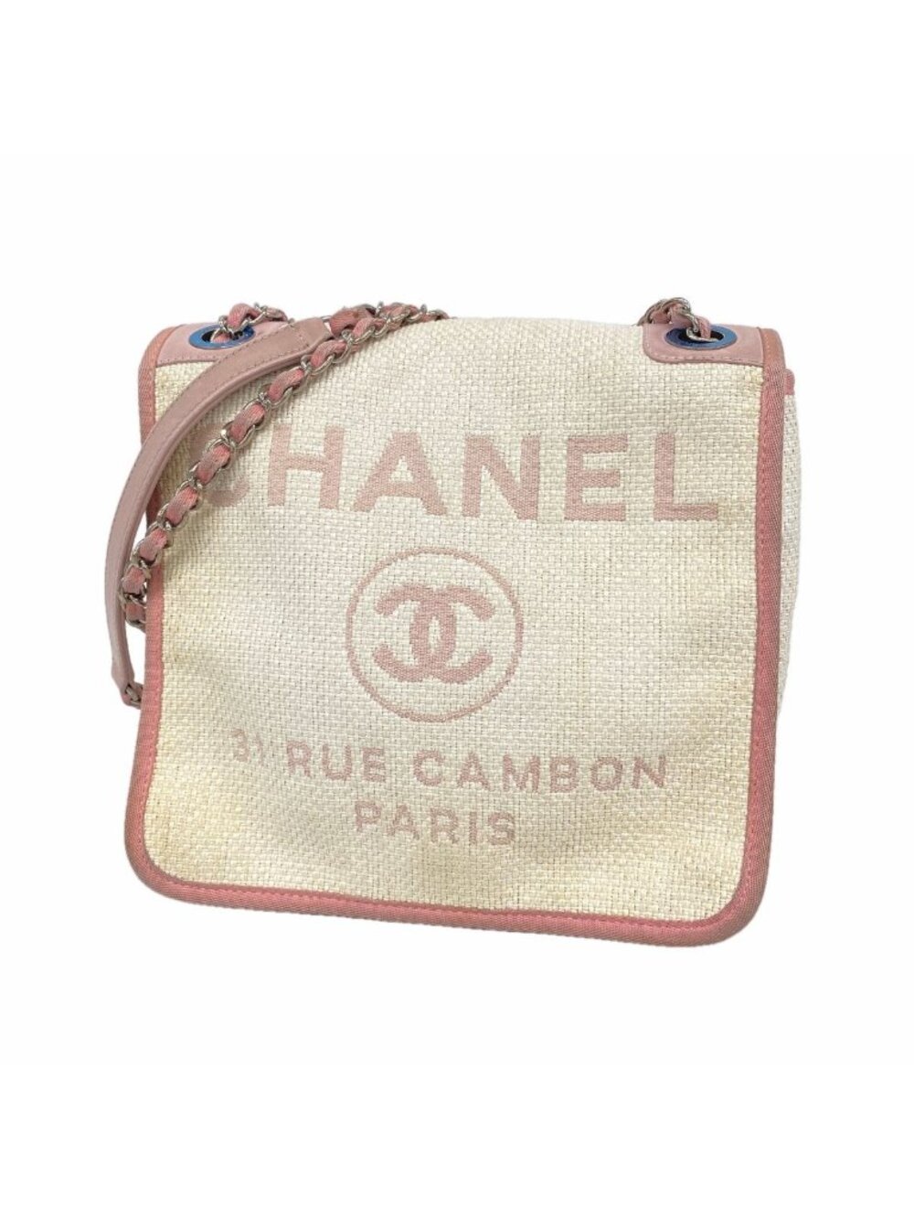 Chanel Shoulder Bag Deauville Straw White Pink Silver